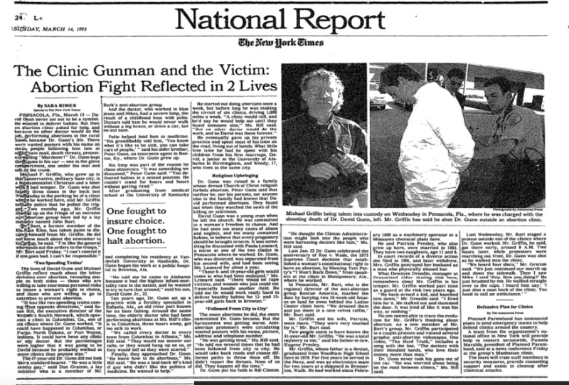 New York Times article "The Clinic Gunman and the Victim" Abortion FIght Reflected in 2 Lives." On the left, there are two black and white photos, one of David Gunn, the other of Michael Frederick Griffin.