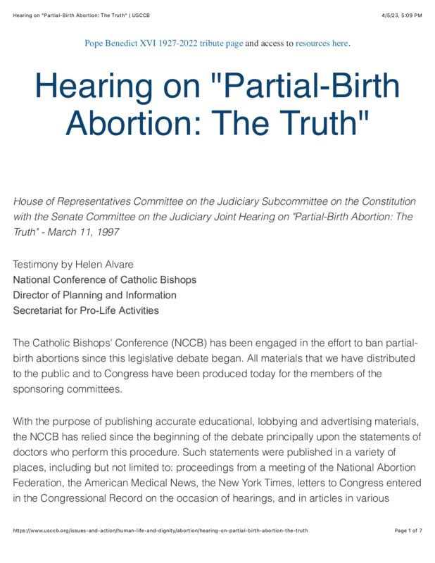 A PDF from a web page showing Helen Alvare's testimony ban partial birth abortions that was presented to the House of Representatives Committee. The website PDF is white with blue and black text.